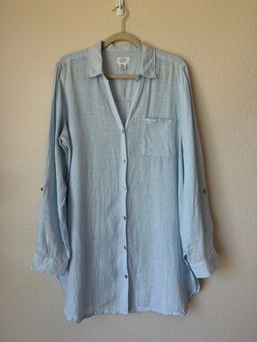 Sigrid Olsen 100% Linen Button Down Shirt XL Light Blue Roll Tab Sleeve